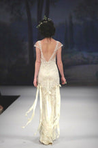 Vintage A Line Small Flying Sleeves Lace Satin Long Evening Dress Party Dress