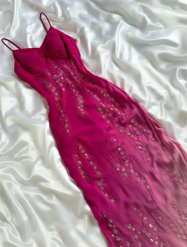 Vintage A Line Spaghetti Strap Exquisite Beaded Ombre Chiffon Prom Dress Wedding Guest Dress