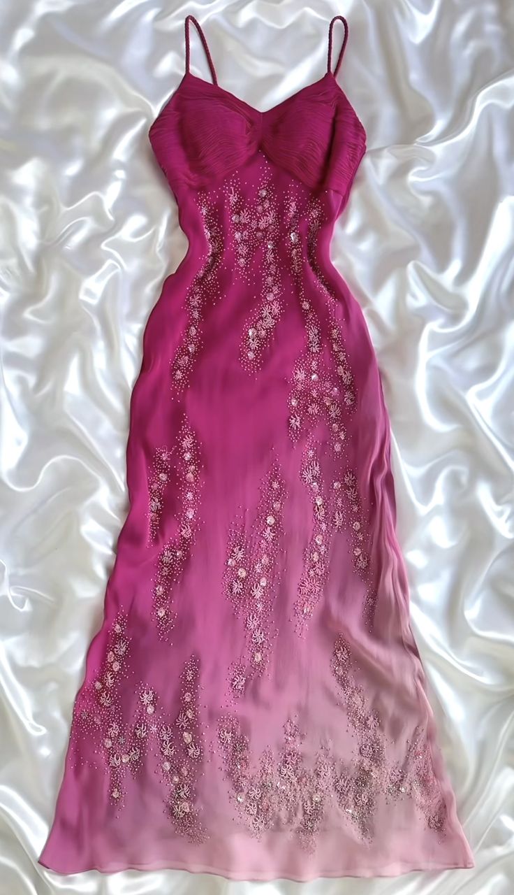 Vintage A Line Spaghetti Strap Exquisite Beaded Ombre Chiffon Prom Dress Wedding Guest Dress