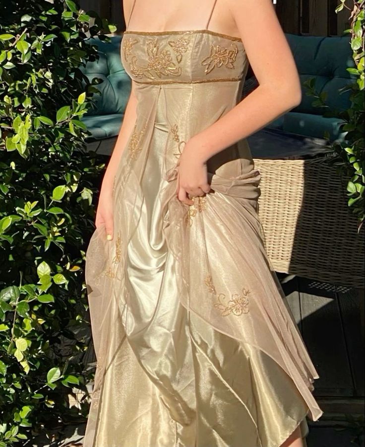 Vintage A Line Spaghetti Straps Gold Long Prom Dress Party Evening Dress Main image