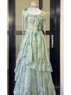 Vintage A Line Spaghetti Straps Green Floral Long Birthday Dress Prom Dress Birthday Outfits