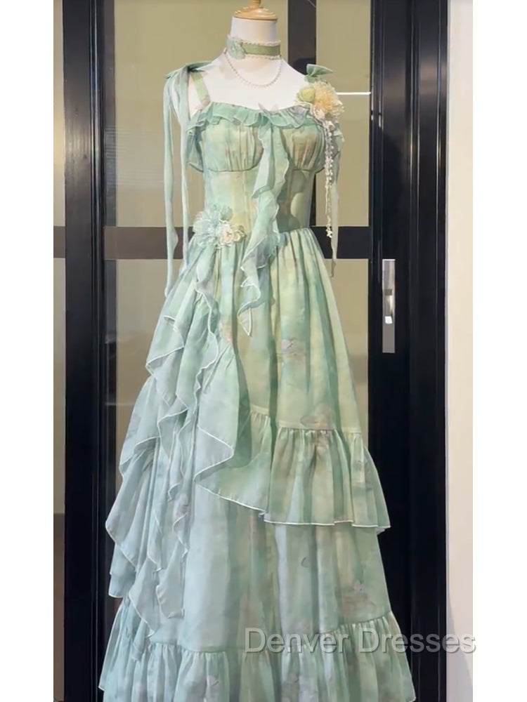 Vintage A Line Spaghetti Straps Green Floral Long Birthday Dress Prom Dress Birthday Outfits