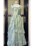Vintage A Line Spaghetti Straps Green Floral Long Birthday Dress Prom Dress Birthday Outfits