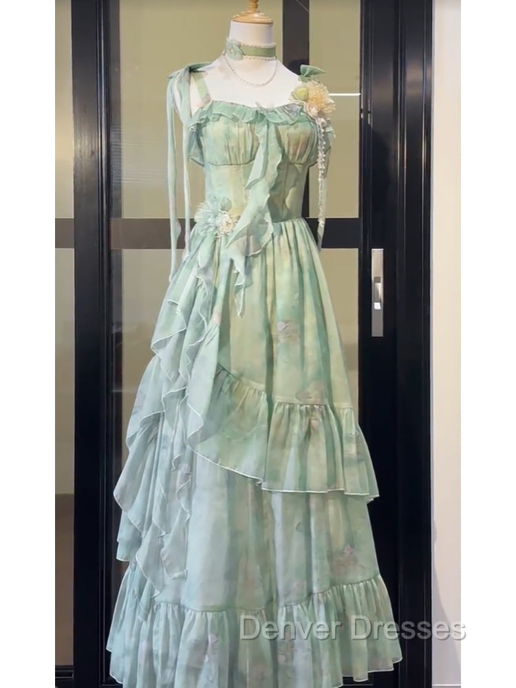 Vintage A Line Spaghetti Straps Green Floral Long Birthday Dress Prom Dress Birthday Outfits