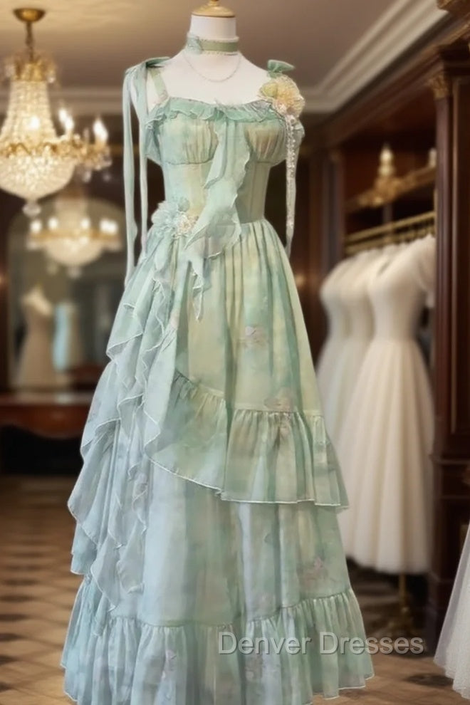Vintage A Line Spaghetti Straps Green Floral Long Birthday Dress Prom Dress Birthday Outfits Main image