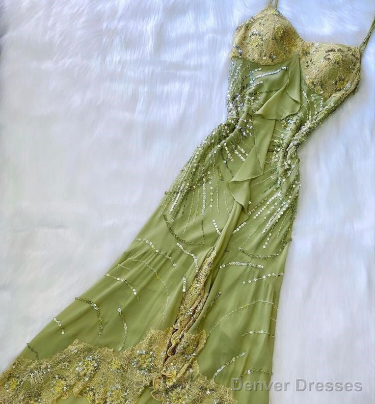 Vintage A Line Spaghetti Straps Green Long Lace Evening Dress Prom Dresses Birthday Outfits Main image