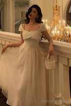 Vintage A Line Spaghetti Straps Ivory Satin Prom Dresses Evening Gowns