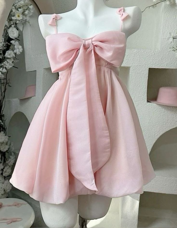Vintage A Line Spaghetti Straps Pink Satin Bow-Knot Short Mini Formal 8Th Grade Homecoming Dress Summer Middle School Hoco Dress Birthday Outfits Secondary image