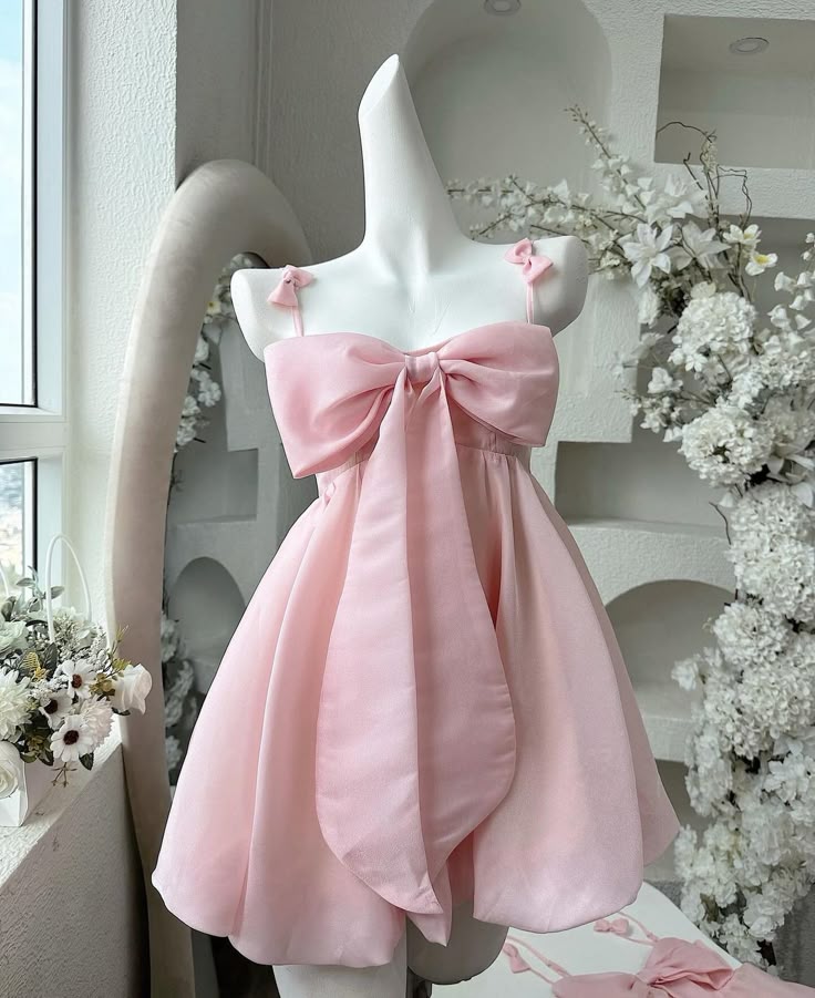 Vintage A Line Spaghetti Straps Pink Satin Bow-Knot Short Mini Formal 8Th Grade Homecoming Dress Summer Middle School Hoco Dress Birthday Outfits Main image