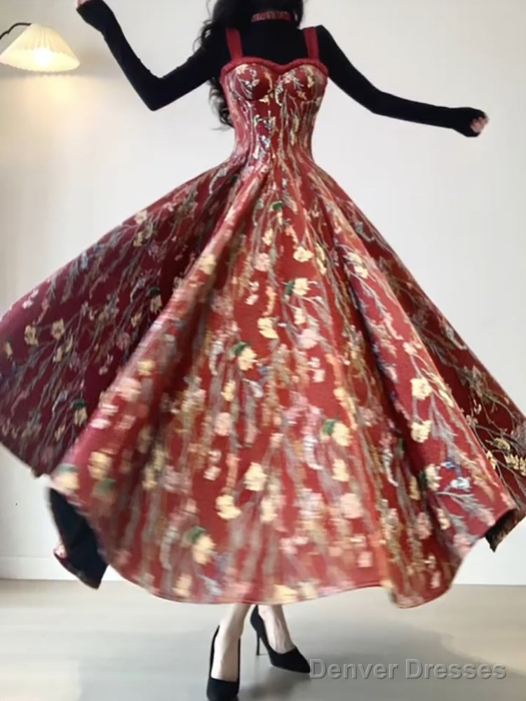 Vintage A Line Spaghetti Straps Red Floral Long Birthday Dresses Prom Dress Birthday Outfits Secondary image