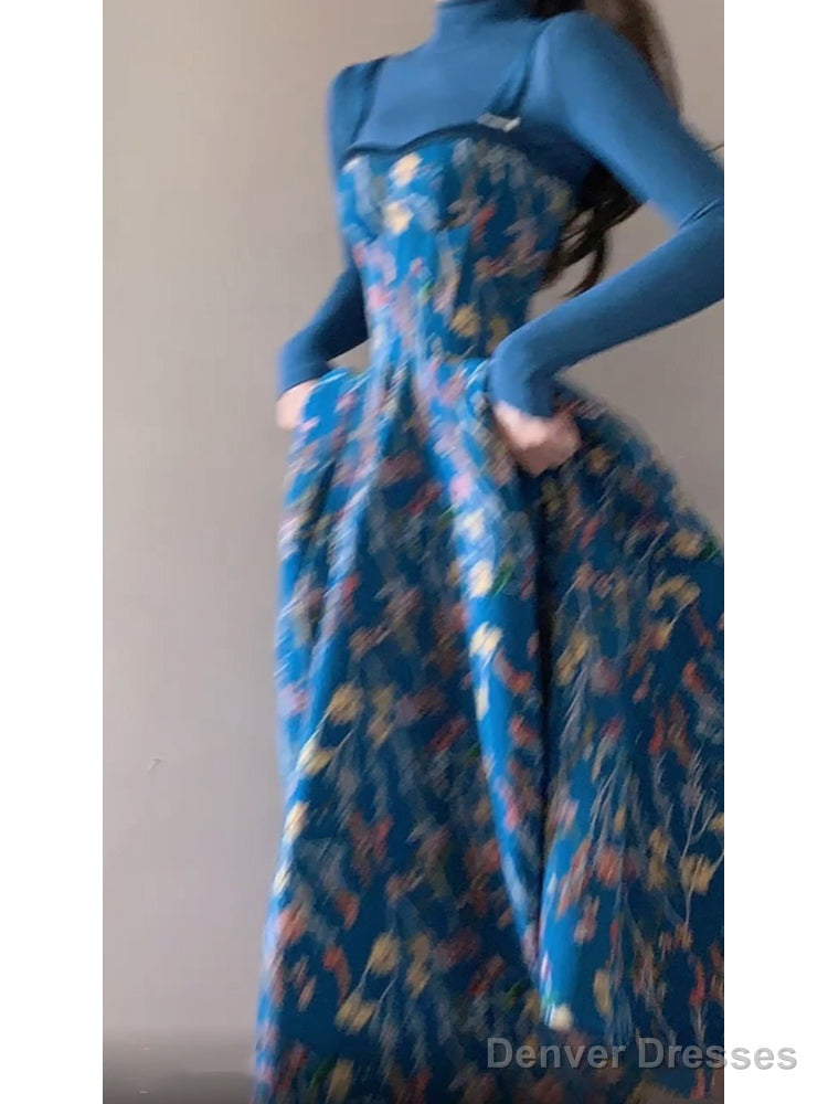 Vintage A Line Spaghetti Straps Royal Blue Floral Long Birthday Dresses Prom Dress Birthday Outfits