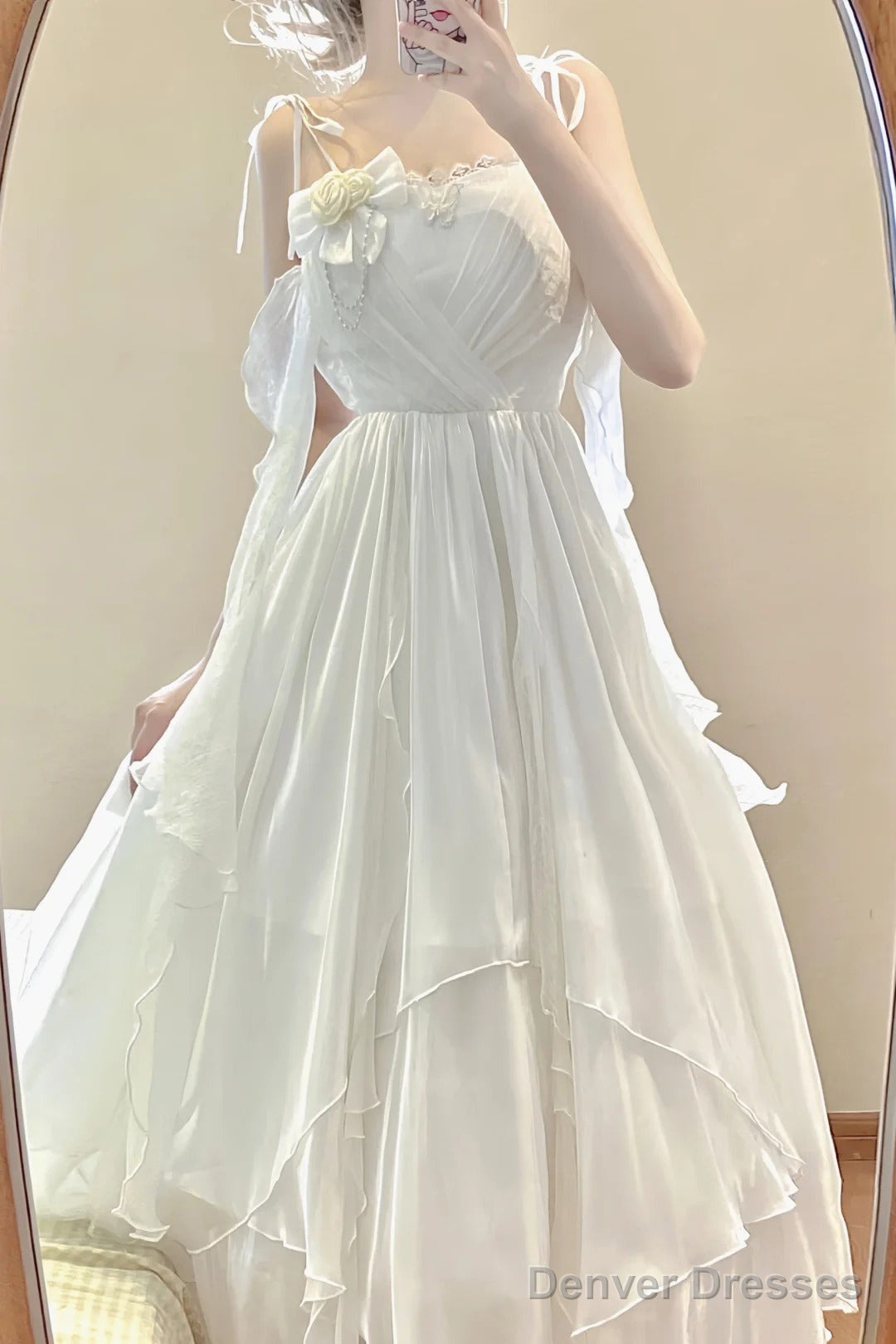 Vintage A Line Spaghetti Straps White Floral Long Birthday Dresses Prom Dress Chiffon Birthday Outfits Secondary image