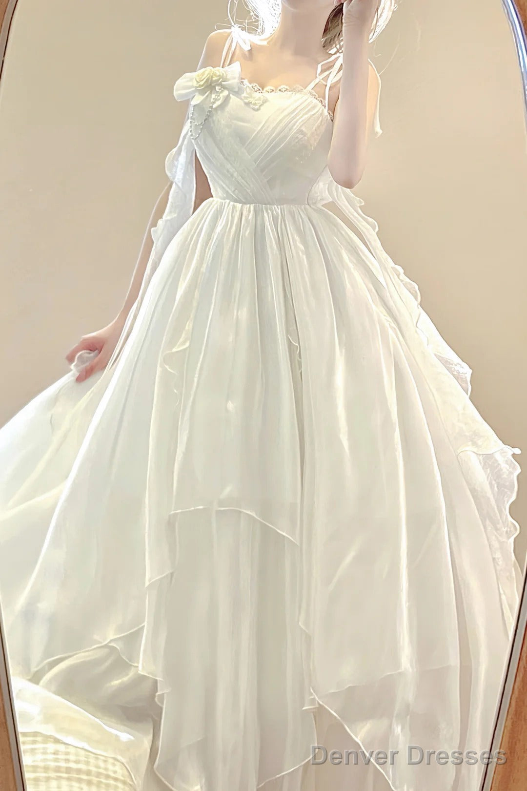 Vintage A Line Spaghetti Straps White Floral Long Birthday Dresses Prom Dress Chiffon Birthday Outfits Main image