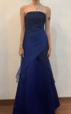 Vintage A Line Strapless Navy Blue Long Prom Dress