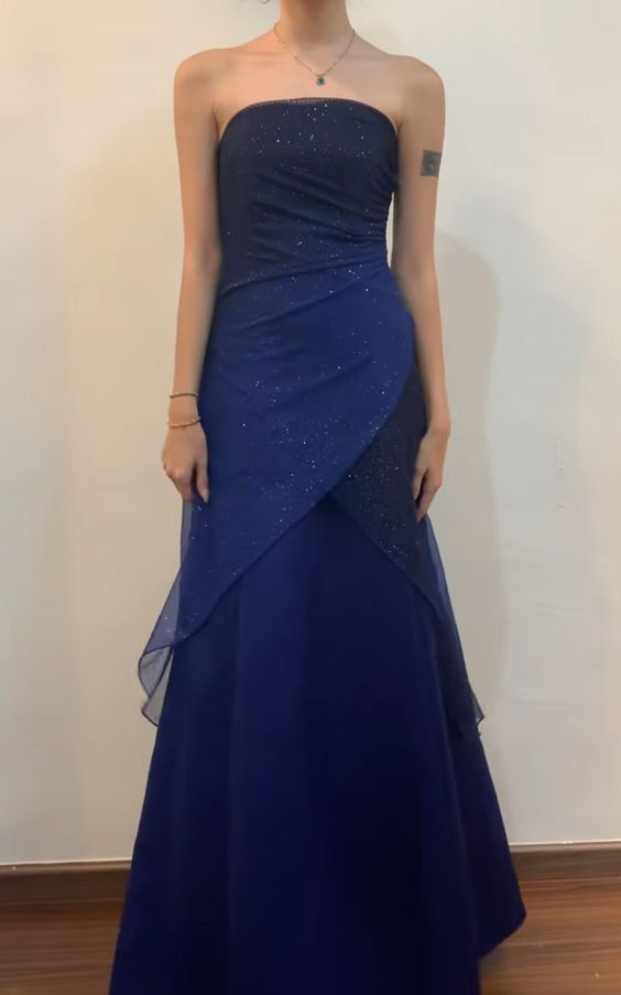 Vintage A Line Strapless Navy Blue Long Prom Dress