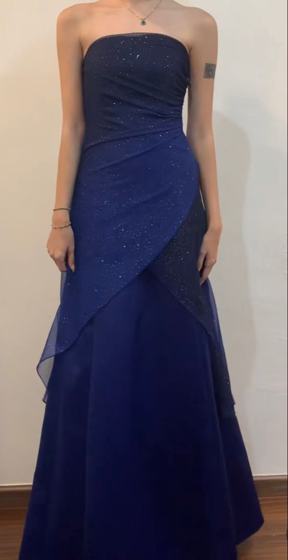 Vintage A Line Strapless Navy Blue Long Prom Dress Main image