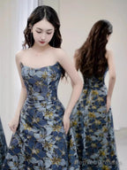 Vintage A Line Strapless Party Dresses Long Blue Prom Dresses