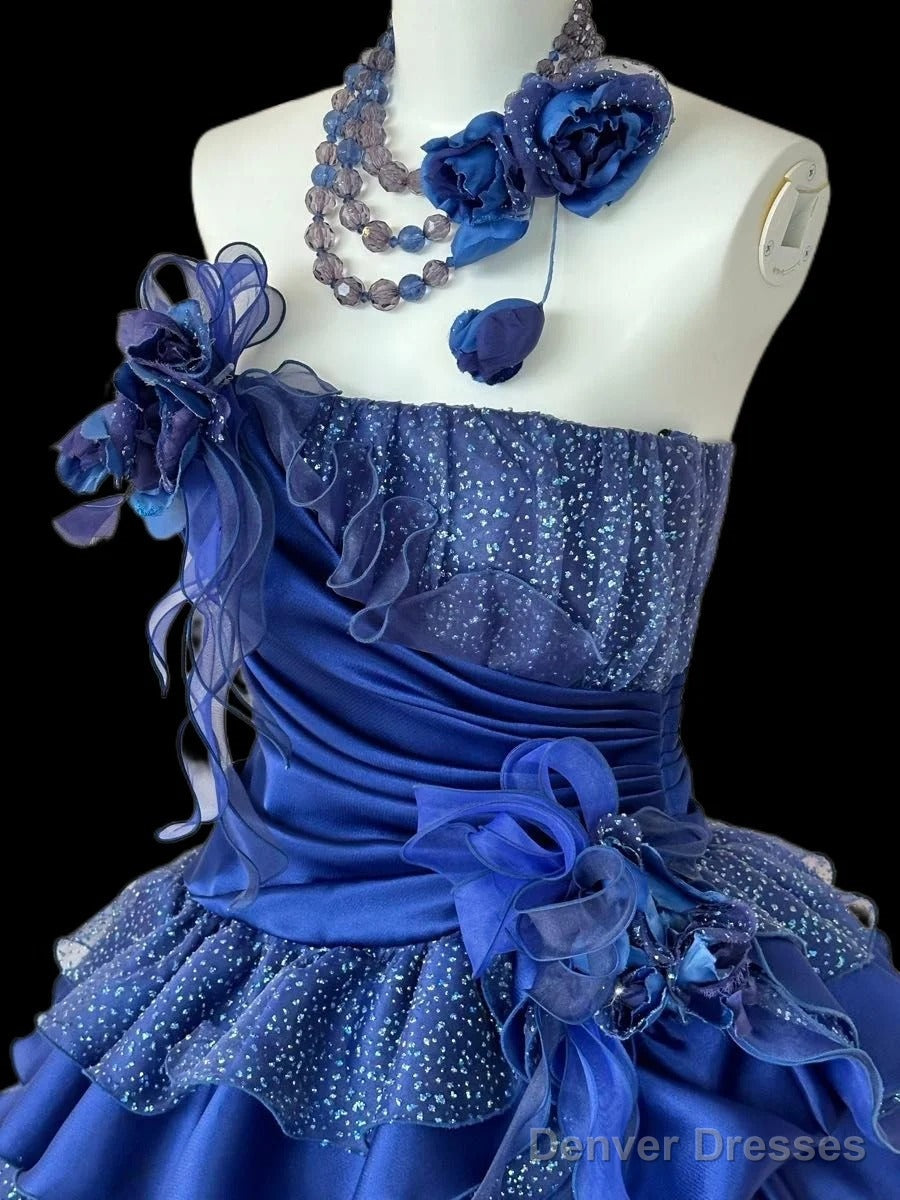 Vintage A-Line Strapless Satin Tulle Long Ball Dress Klein Blue 3D Applique Evening Dress Secondary image