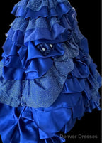Vintage A-Line Strapless Satin Tulle Long Ball Dress Klein Blue 3D Applique Evening Dress
