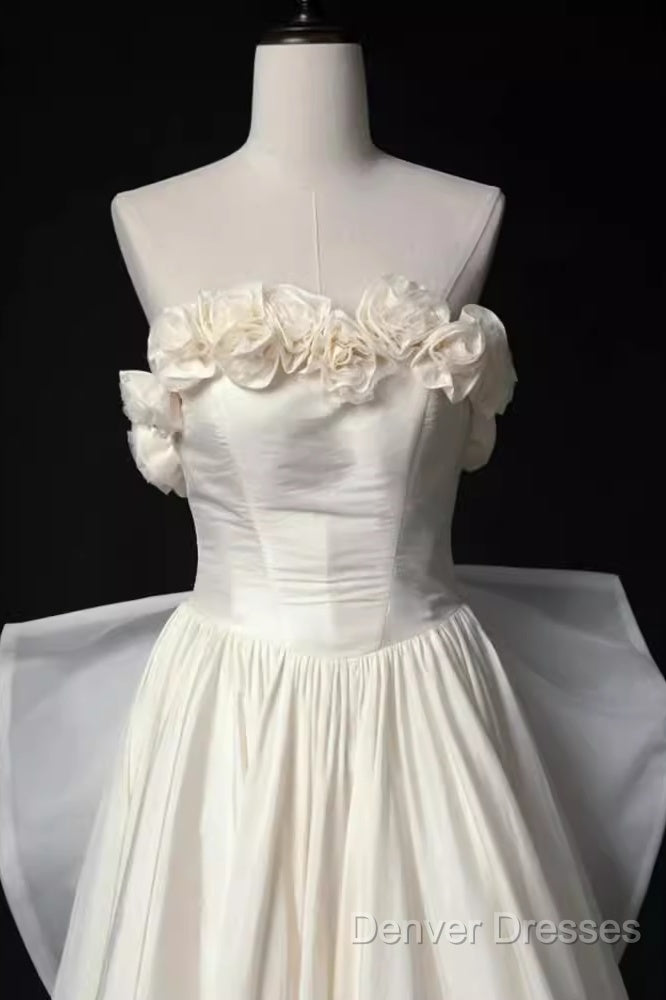 Vintage A Line Strapless Satin White Long Wedding Dress Brides Dress Secondary image