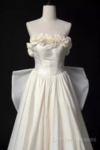 Vintage A Line Strapless Satin White Long Wedding Dress Brides Dress