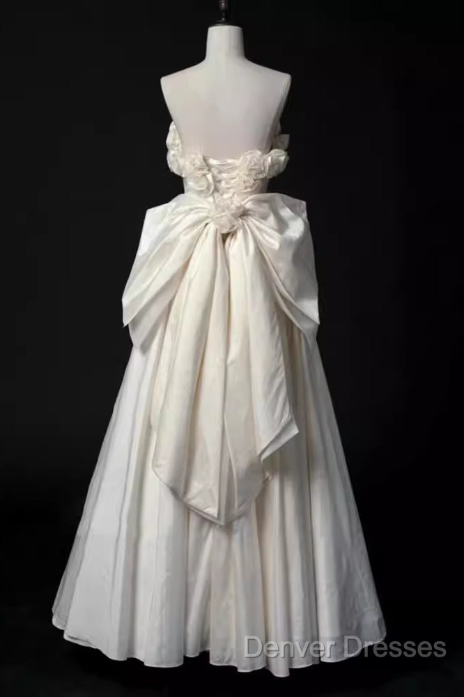 Vintage A Line Strapless Satin White Long Wedding Dress Brides Dress
