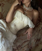 Vintage A Line Strapless White Chiffon Long Prom Dresses