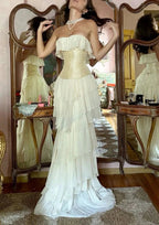 Vintage A Line Strapless White Chiffon Long Prom Dresses