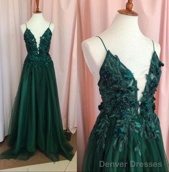 Vintage A Line Straps Appliques Lace-Up Dark Green Tulle Prom Dresses Main image