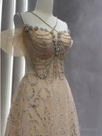 Vintage A Line Straps Champagne Tulle Long Prom Dresses Party Evening Dress