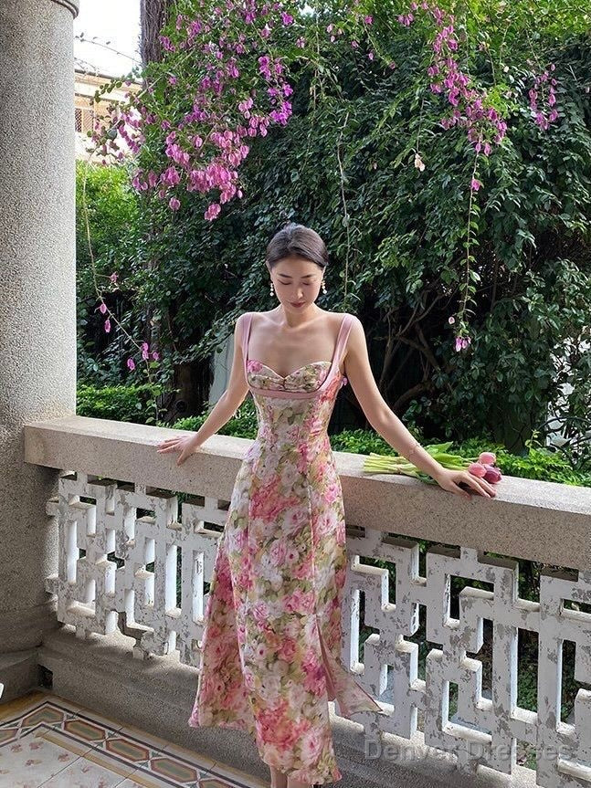Vintage A Line Straps Floral Chiffon Slit Evening Dress Prom Dresses Birthday Outfits Main image