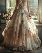 Vintage A-Line Sweetheart Neck Tulle Lace Long Prom Dress Applique Sweet Flower Wedding Dress