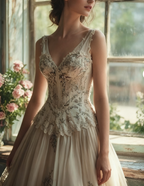 Vintage A-Line Sweetheart Neck Tulle Lace Long Prom Dress Applique Sweet Flower Wedding Dress