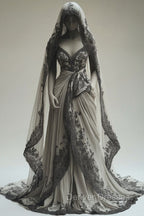 Vintage A-Line V-Neck Lace Appliqu Long Prom Dress With Veil Wedding Dress