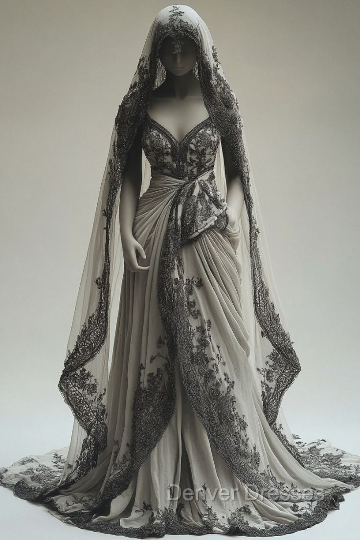 Vintage A-Line V-Neck Lace Appliqu Long Prom Dress With Veil Wedding Dress