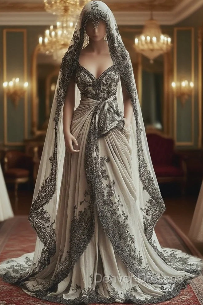 Vintage A-Line V-Neck Lace Appliqu Long Prom Dress With Veil Wedding Dress Main image