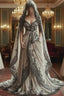 Vintage A-Line V-Neck Lace Appliqu Long Prom Dress With Veil Wedding Dress