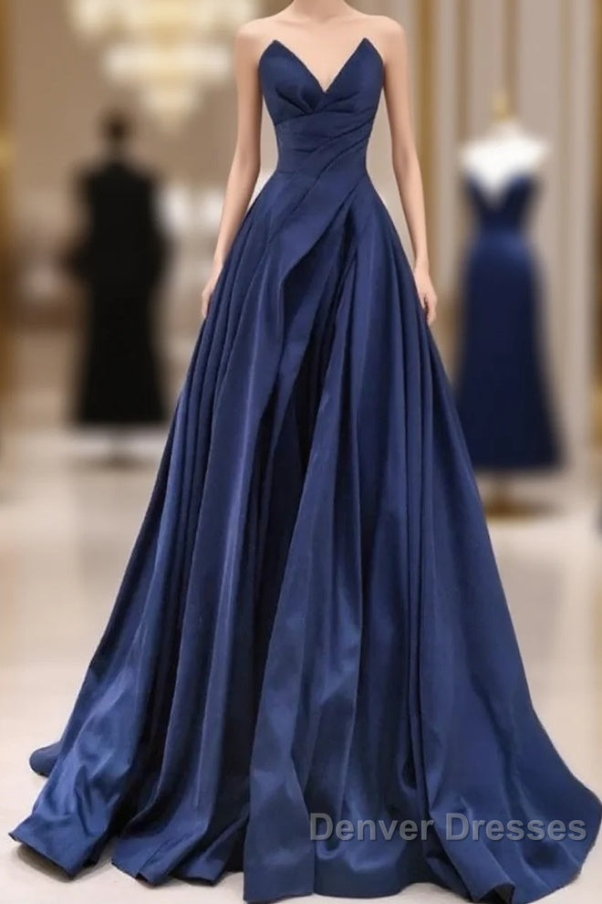 Vintage A-Line V Neck Satin Dark Blue Long Prom Dress, Blue Long Formal Dress
