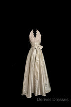 Vintage A Line V Neckline Champagne Lace Prom Gown Fairy Prom Dress