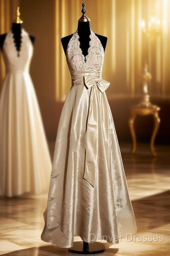 Vintage A Line V Neckline Champagne Lace Prom Gown Fairy Prom Dress