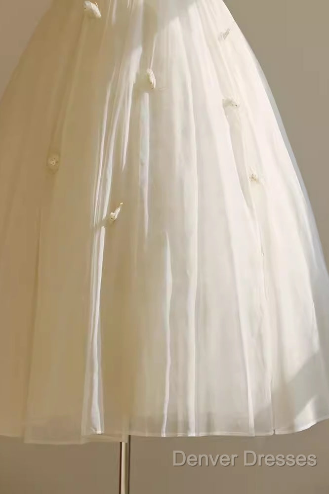 Vintage Ball Gown Bateau White Tea Length Wedding Dress Brides Dress