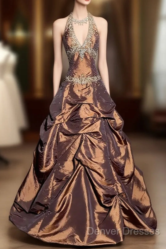 Vintage Ball Gown Halter Brown Sleeveless Long Prom Gown Fairy Prom Dress