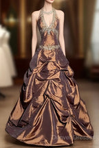 Vintage Ball Gown Halter Brown Sleeveless Long Prom Gown Fairy Prom Dress