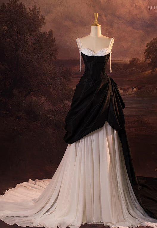 Vintage Ball Gown Spaghetti Straps Black Long Prom Dress 1950S Retro Evening Dress