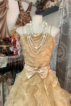 Vintage Ball Gown Spaghetti Straps Sleeveless Long Gold Evening Dress Prom Dress