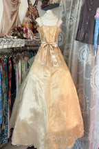 Vintage Ball Gown Spaghetti Straps Sleeveless Long Gold Evening Dress Prom Dress