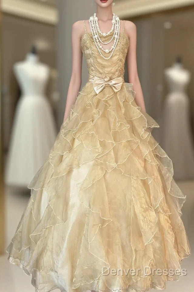 Vintage Ball Gown Spaghetti Straps Sleeveless Long Gold Evening Dress Prom Dress Main image