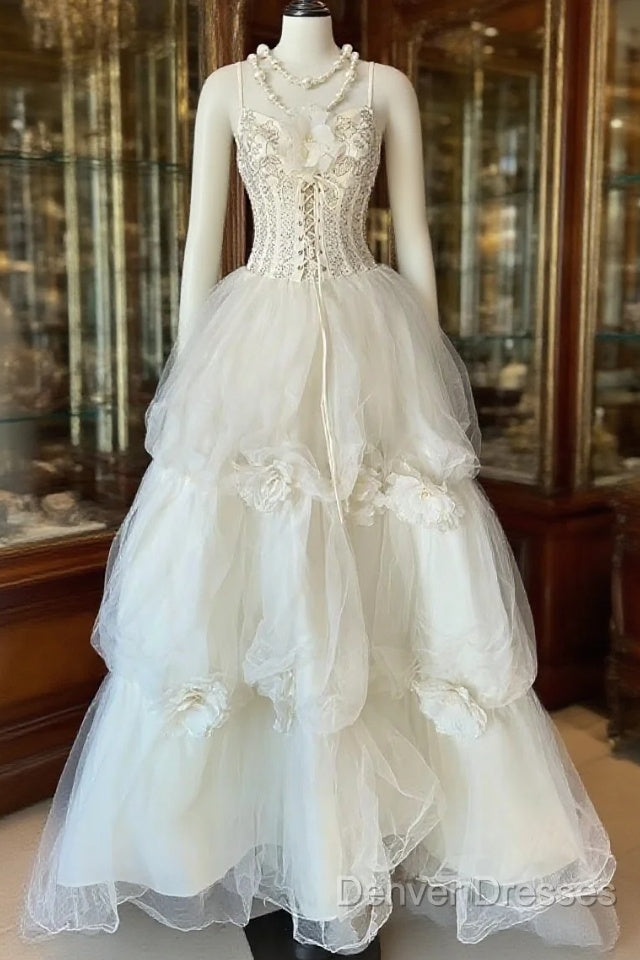 Vintage Ball Gown Spaghetti Straps Sleeveless Long White Evening Dress Prom Dress Main image