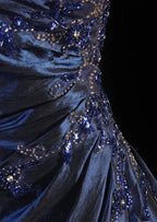 Vintage Ball Gown Strapless Navy Blue Satin Long Prom Dress Party Dress