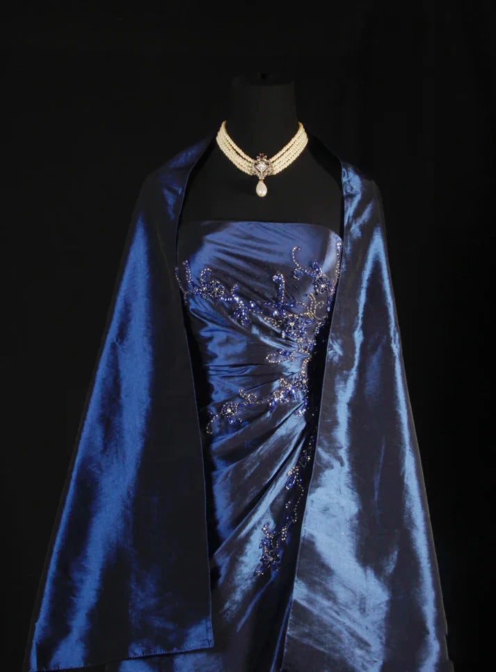 Vintage Ball Gown Strapless Navy Blue Satin Long Prom Dress Party Dress